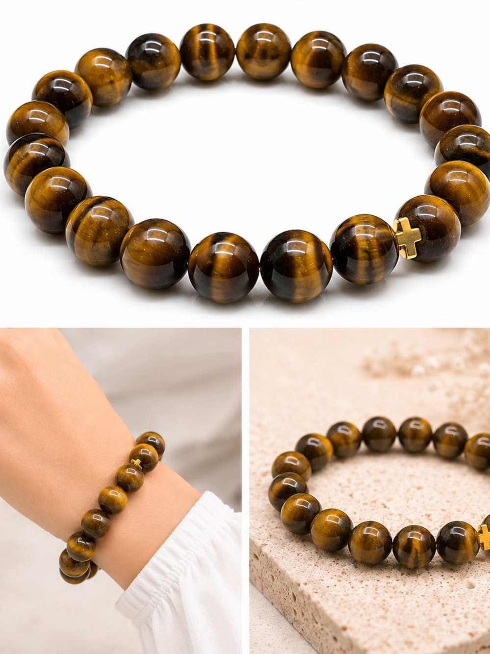 10 mm Tiger Eye Beaded Stretch Bracelet with Gold Cross Accent